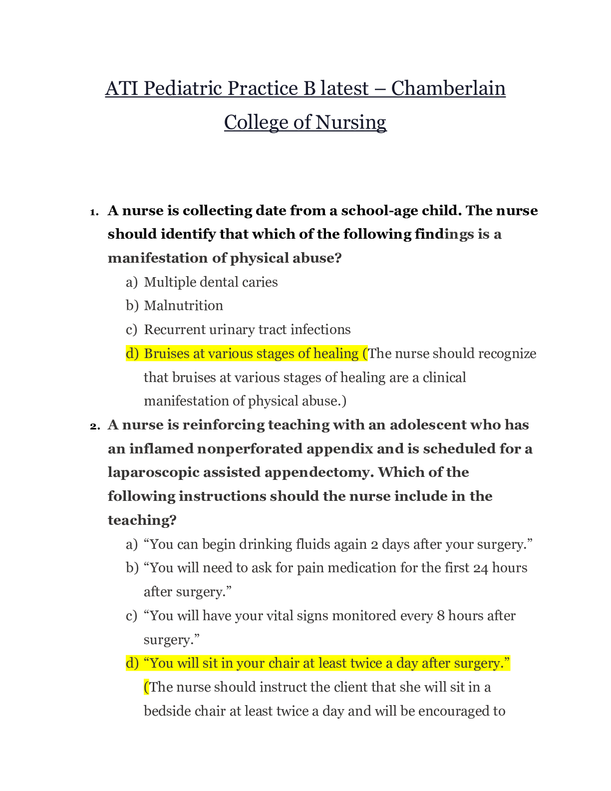 Preview of ATI Pediatric Practice B latest – Chamberlain College of Nursing | ATI Pediatric Practice